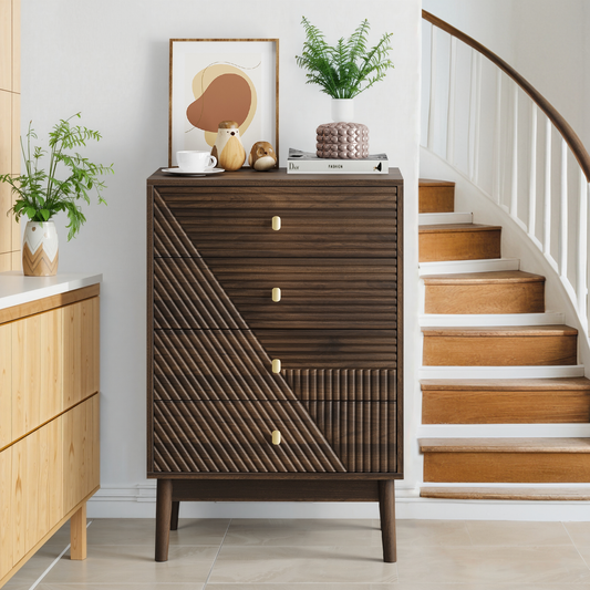 Gigab2b original image - Kommode mit 4 Schubladen, moderne Kleiderschrankkommode, Aufbewahrungsschrank aus Holz, Frisiertisch-Aufbewahrungsschrank für Wohnzimmer, Schlafzimmer, Flur (Walnuss)