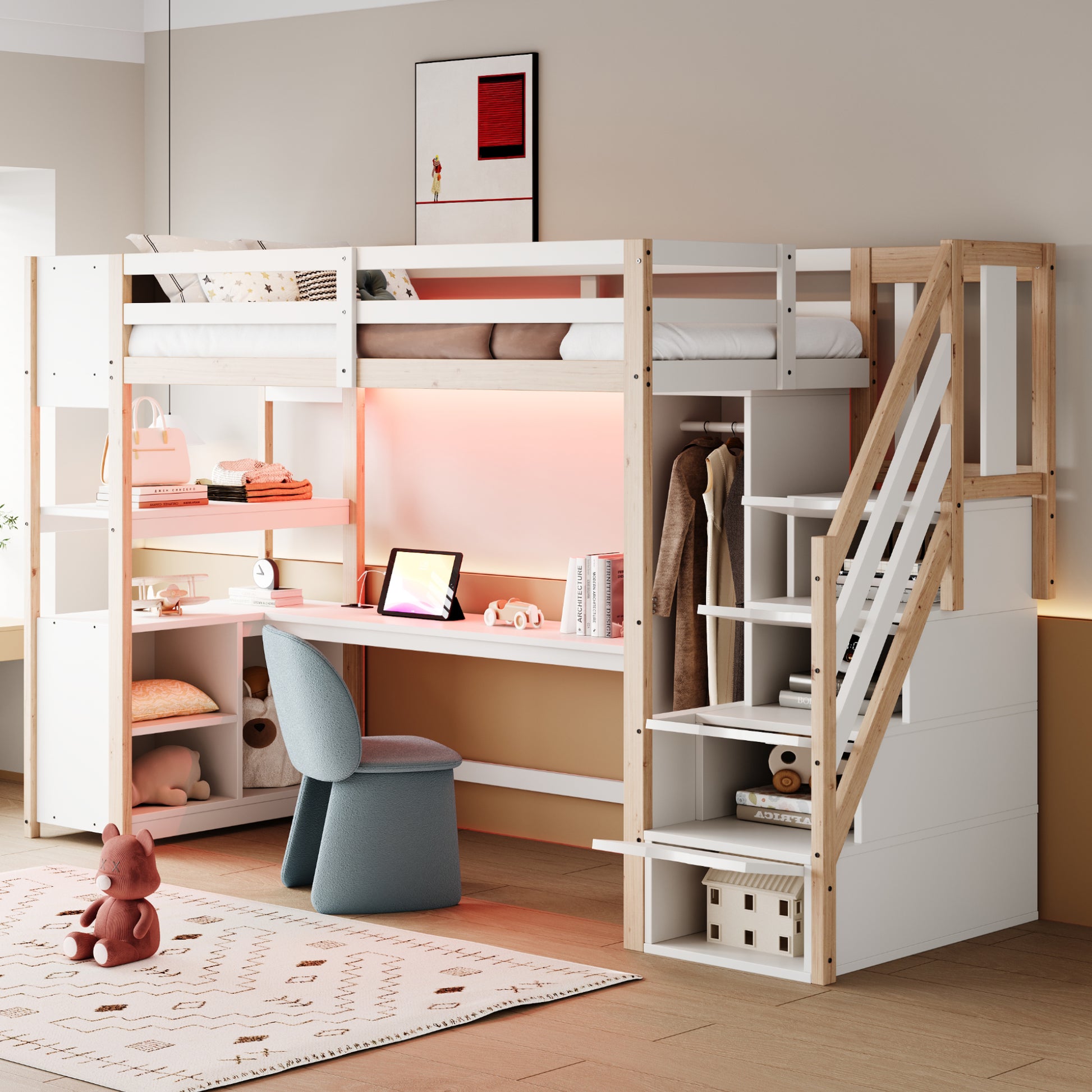 Gigab2b original image - Holz-Hochbett 90 × 200 cm, Einzelkleiderschrank, Großer Schreibtisch, Aufbewahrungsschrank; Bettablagefach, Treppe mit Stauraum, Ausgestattet mit europäischen Steckdosen und LED-Lichtleisten,Holzfarbe