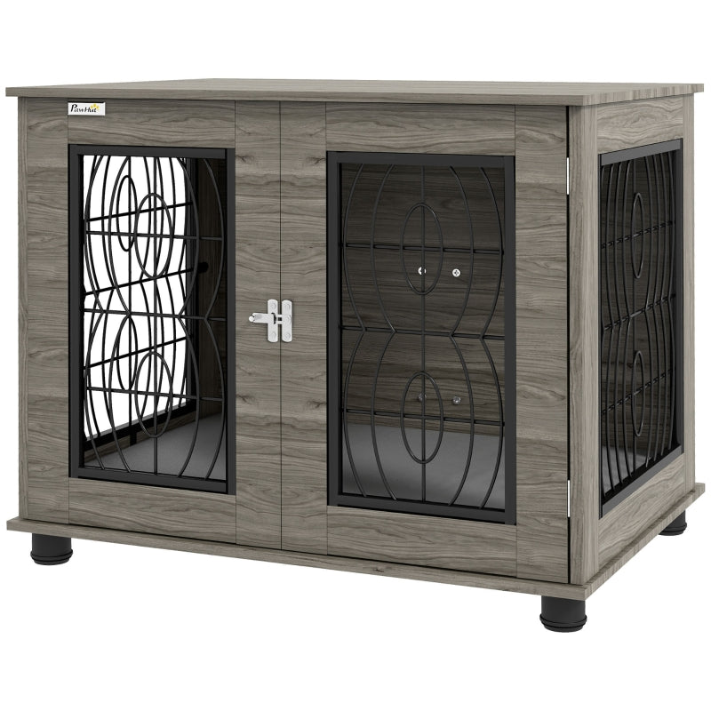 Gigab2b original image - Hundebox mit Liegekissen, bis 20kg/50cm Körperlänge, Metall, 80x56x63cm, Grau/Holzdekor
