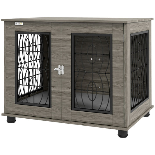 Gigab2b original image - Hundebox mit Liegekissen, bis 20kg/50cm Körperlänge, Metall, 80x56x63cm, Grau/Holzdekor