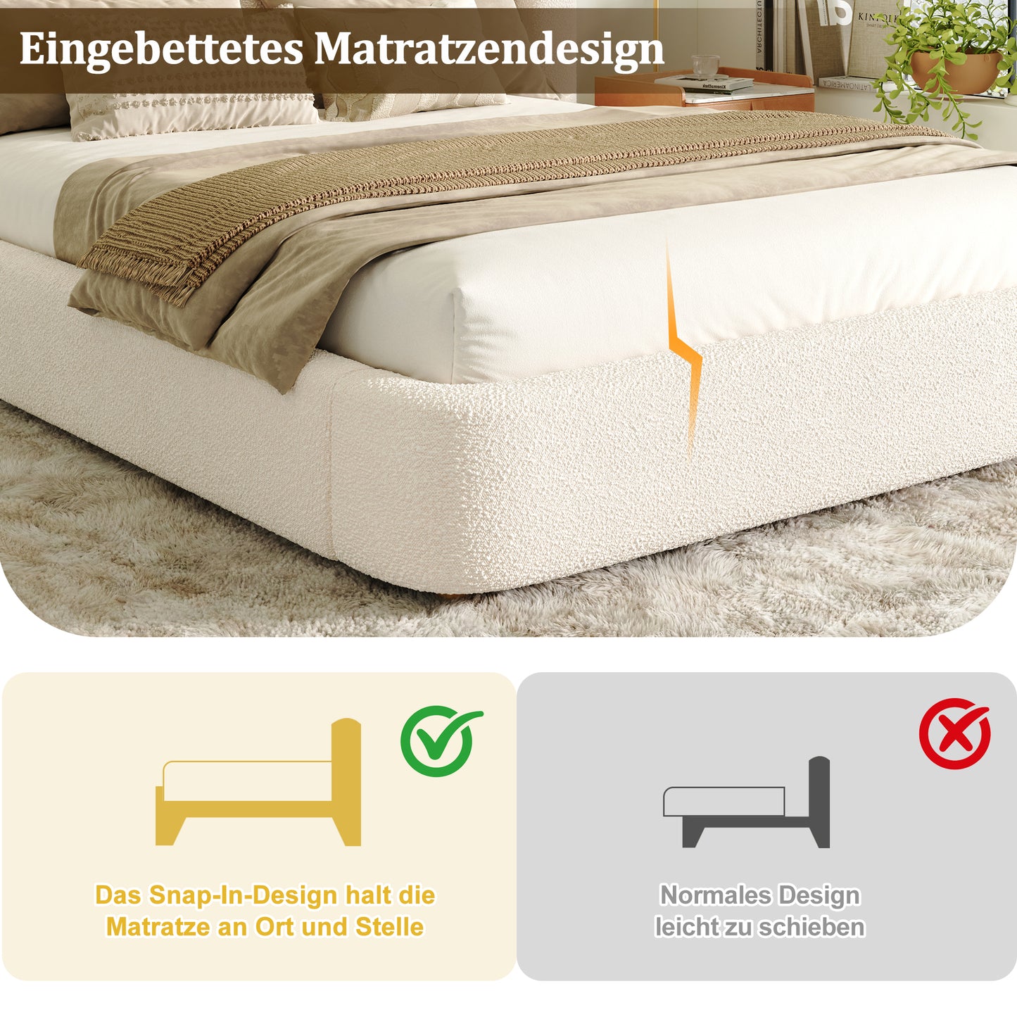 Polsterbett,Doppelbett,hydraulisches Funktionsbett,Bett mit Lattenrost, Kopfteil und  großem Stauraum, gepolstertes Kopfteil, Beige Bouclé, 180 x 200