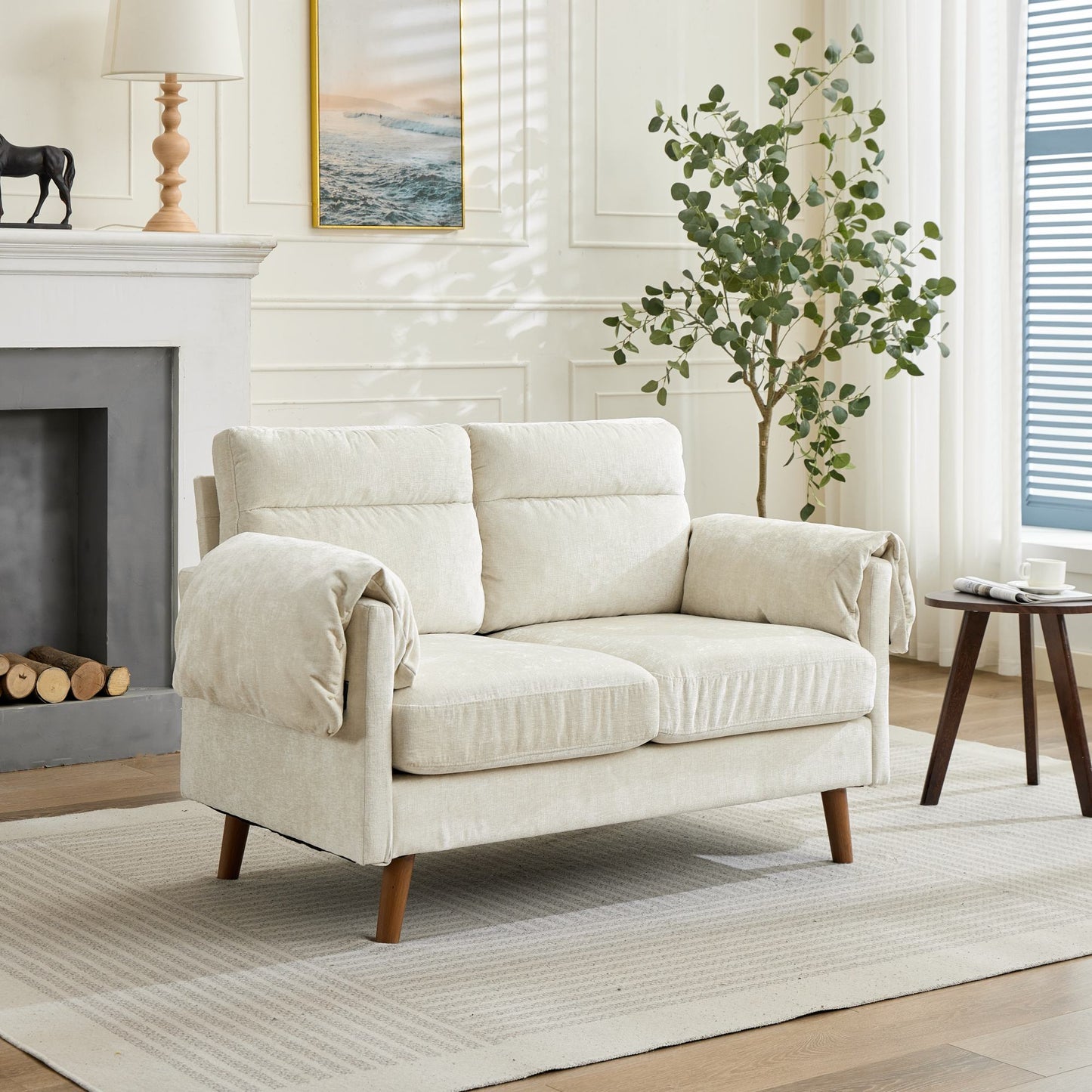 Compact 2-Seat Chenille Loveseat Sofa, Mid-Century Small Couch with Soft Plush Fabric, Overstuffed Cushions & Faux Wood Legs, Space-Saving Love Seat for Living Room, Bedroom, Apartment, Beige,DE5062BG