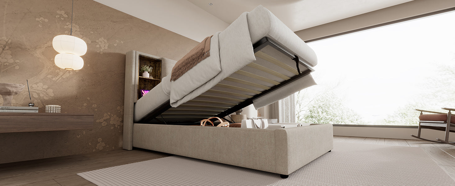 (=AB20359798N)Doppelbett mit Kabellosem Laden USB C, Polsterbett  Bettgestell 180x200cm,Bettgestell mit Stauraum Lattenrost aus Holz-Natürlich Leinen
