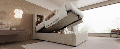 (=AB20359798N)Doppelbett mit Kabellosem Laden USB C, Polsterbett  Bettgestell 180x200cm,Bettgestell mit Stauraum Lattenrost aus Holz-Natürlich Leinen