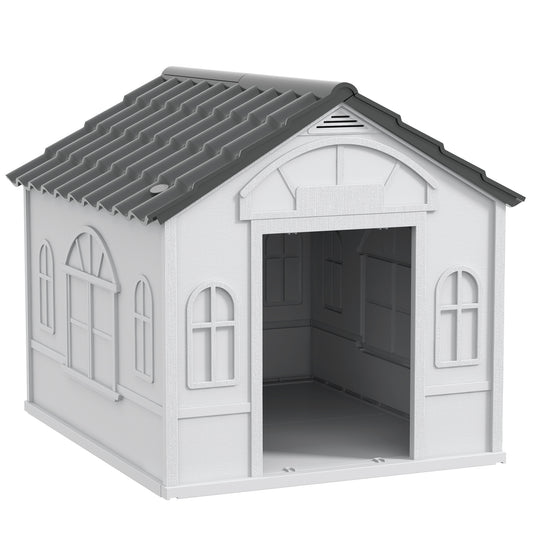 Gigab2b original image - Hundehütte, Hundehaus mit Satteldach, wetterfest Kleintierhaus für mittelgroße Hunde unter 20 kg, Hundehütte Outdoor, 65 x 75,7 x 63 cm, Grau