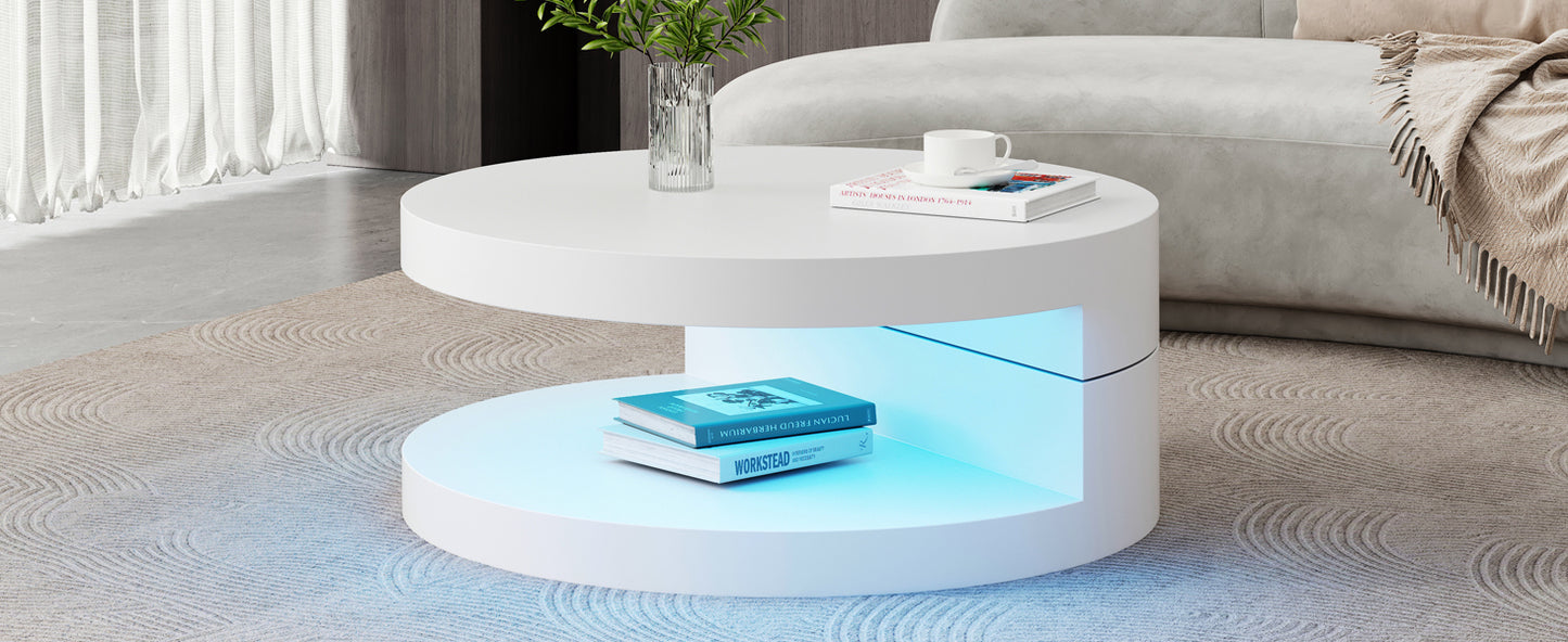 N625P300074W 70*70*35.5cm Couchtisch, Obere Tischplatte 360° frei drehbar, Drehbarer Sofatisch mit LED-Lichtleiste, Zylindrischer Wohnzimmertisch aus MDF, belastbar bis 30 kg, 2-Schicht-Aufbau,Weiß