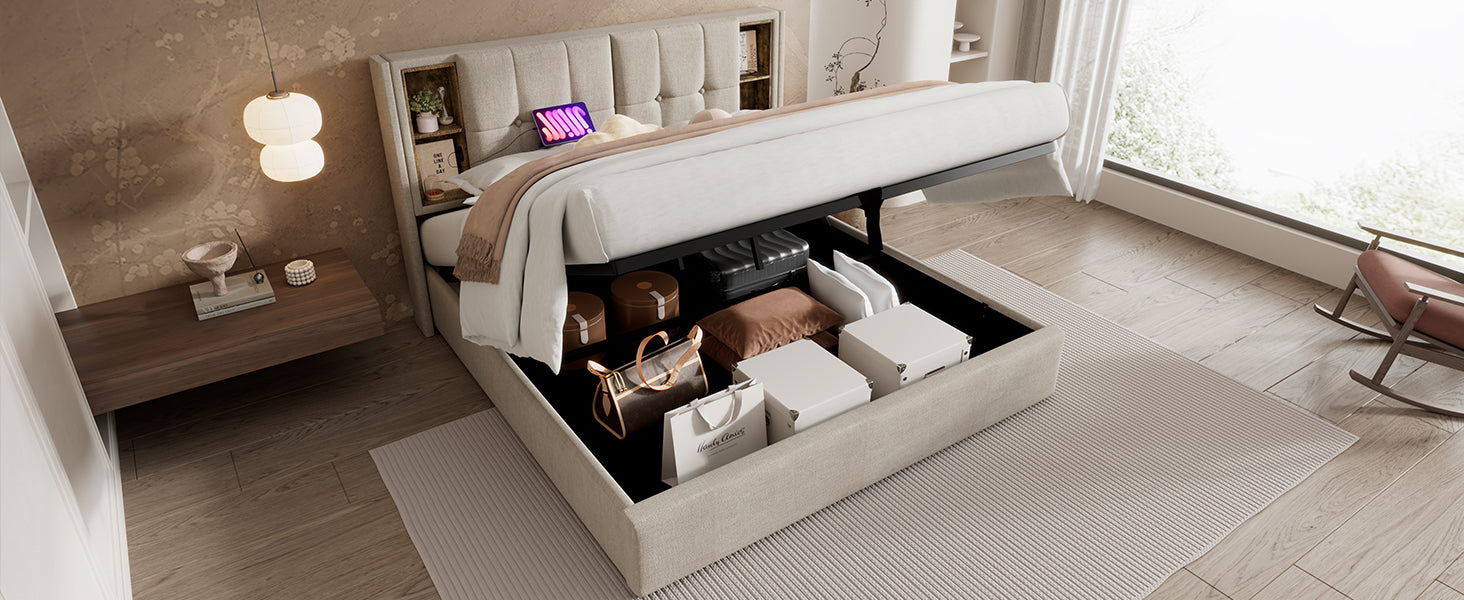 (=AB20359798N)Doppelbett mit Kabellosem Laden USB C, Polsterbett  Bettgestell 180x200cm,Bettgestell mit Stauraum Lattenrost aus Holz-Natürlich Leinen