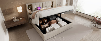 (=AB20359798N)Doppelbett mit Kabellosem Laden USB C, Polsterbett  Bettgestell 180x200cm,Bettgestell mit Stauraum Lattenrost aus Holz-Natürlich Leinen