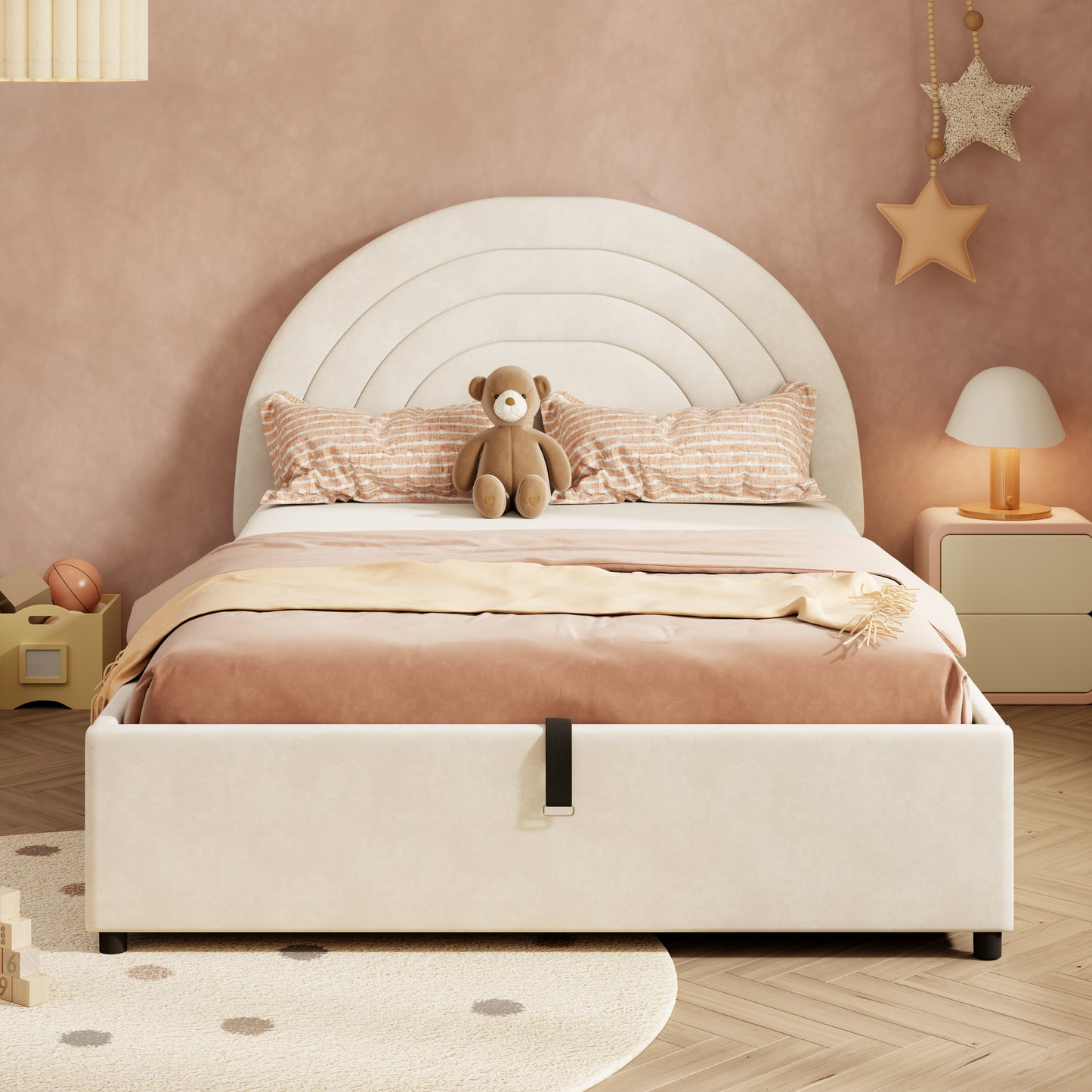 Polsterbett 140*200, Kinderbett mit Lattenrost und Kopfteil, Jugendbett, für Erwachsene und Jugendliche geeignet, Holzlatten, einfache Montage, Inklusive Matratze, Samt, Beige