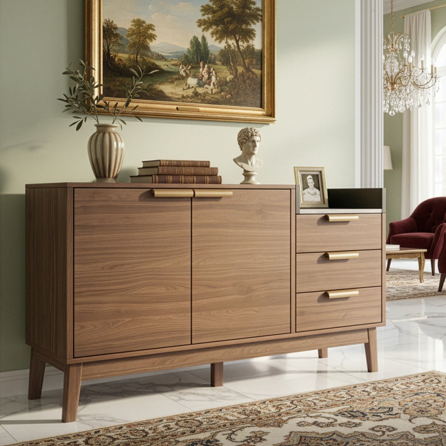 Gigab2b original image - Wohnzimmer Kommode in Eiche Dekor mit Marmor-Optik Platte - Offene Ablage + 3 Schubladen & Doppeltürschrank (innen höhenverstellbar) - Massivholzbeine & kehrroboterfähig, H77/B120/T40 cm