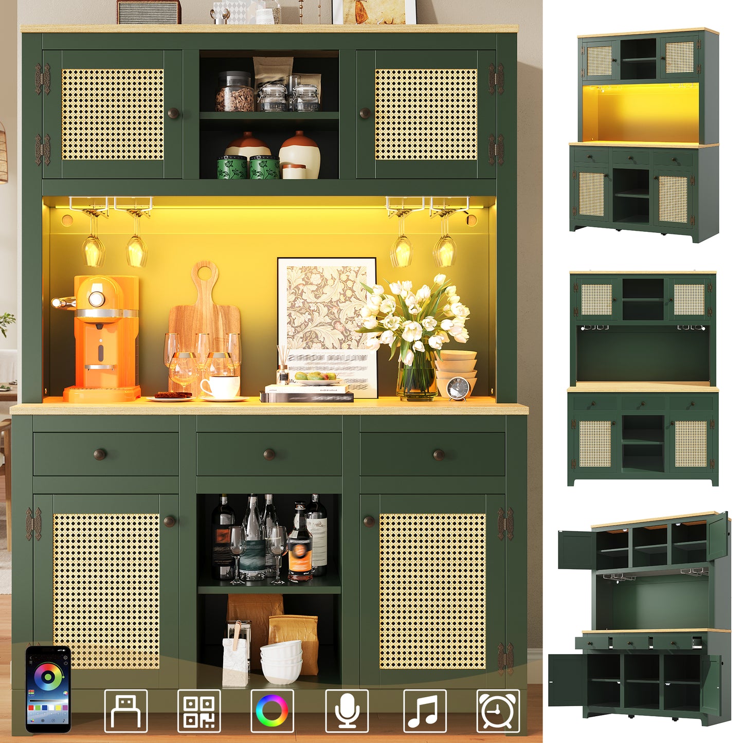 Gigab2b original image - LED Hochschrank mit Lichtsystem, PE Rattan Schrank mit Kippsicherung, Großer Standschrank mit verstellbaren Böden & Schubladen, Vintage Stauraumschrank für Küche, Wohnzimmer, Esszimmer