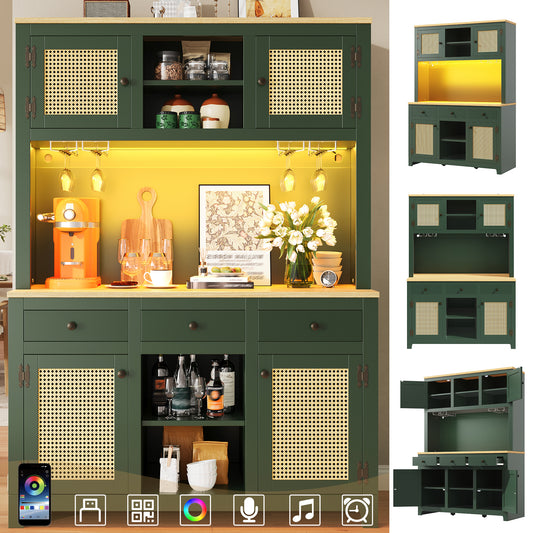 Gigab2b original image - LED Hochschrank mit Lichtsystem, PE Rattan Schrank mit Kippsicherung, Großer Standschrank mit verstellbaren Böden & Schubladen, Vintage Stauraumschrank für Küche, Wohnzimmer, Esszimmer