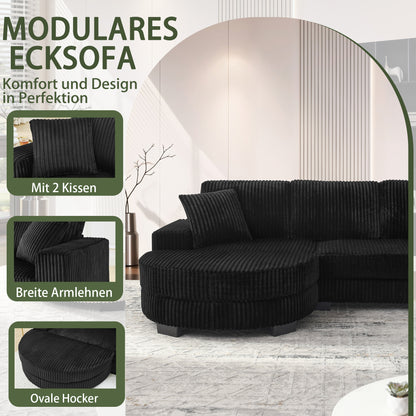 L-formiges Ecksofa 4-Sitzer Sofa, 256 5 x 133 , Klassisches Corduroy, Modulares Design mit Ovalem Hocker, 2
