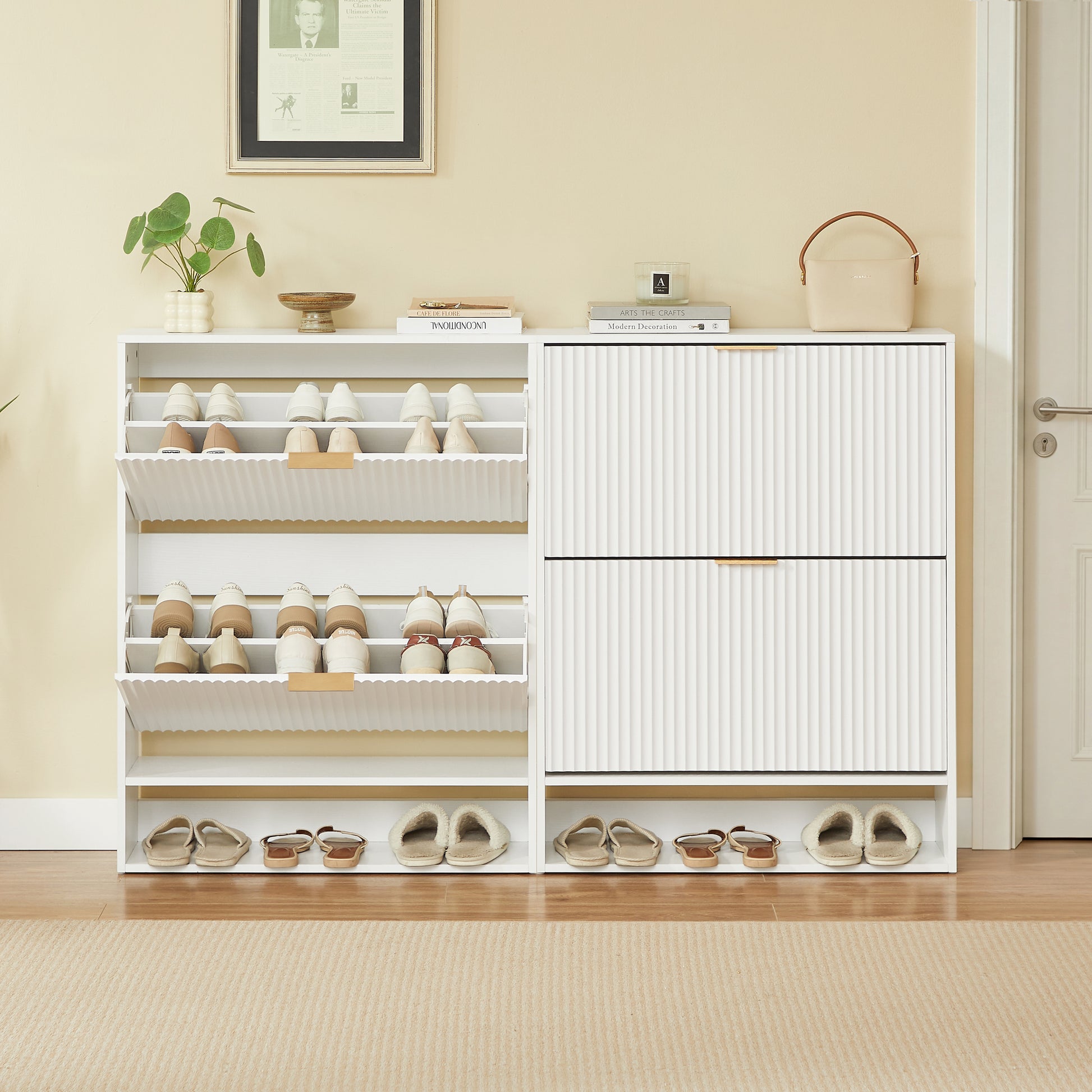 80 x 24 cm Schuhschrank mit Nutfront – Höhenverstellbar mit Kippschutz und Dekotisch für den Flur, in Weiß