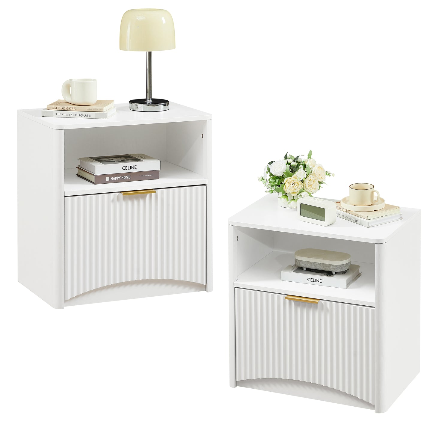 Space-Saving Nightstand with Open Drawer and Gold Knobs