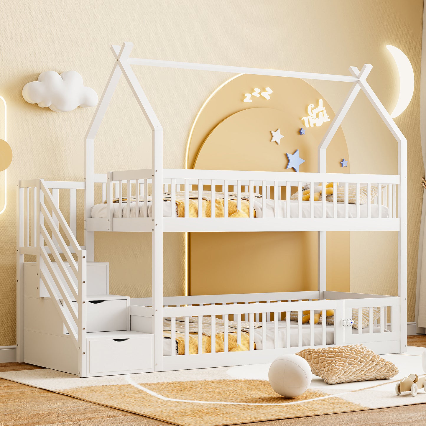 90x200 Kinder-Etagenbett Massivholzbett mit Dach, Sicherheitstreppe und Stauraumschubladen, Stauraum Kinderbett Einzelbett weiß