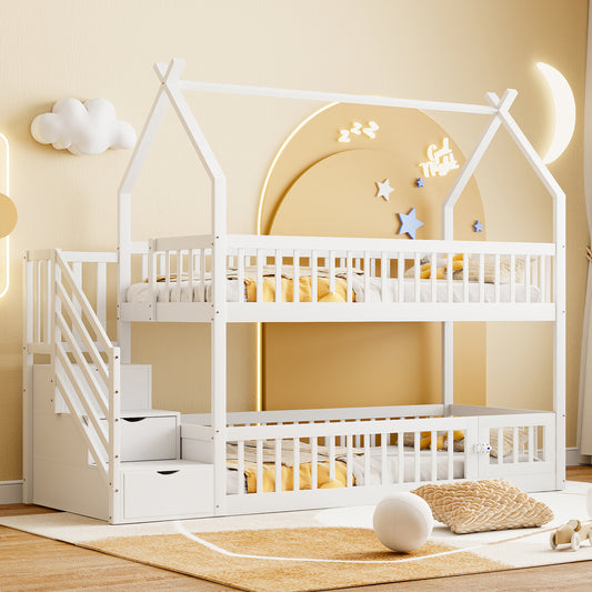 90x200 Kinder-Etagenbett Massivholzbett mit Dach, Sicherheitstreppe und Stauraumschubladen, Stauraum Kinderbett Einzelbett weiß