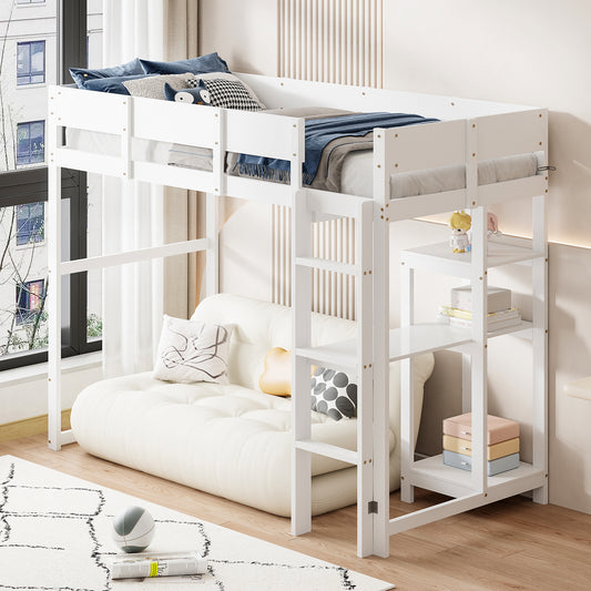 Gigab2b original image - Hochbett mit Ablage 90 x 200 cm, Bettgestell aus massivem Kiefernholz mit Lattenrost,Bett für Kinder und Jugendliche Weiß