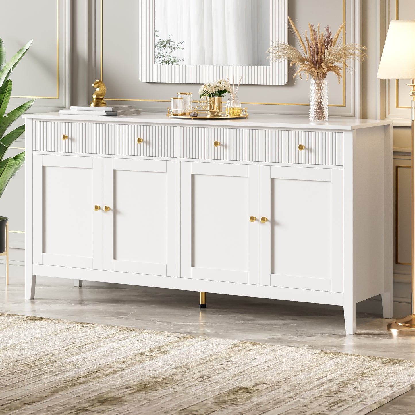 Gigab2b original image - Stilvoller weißer Esszimmer Sideboard mit 2 Schubladen und 4 Türen – Elegantes Buffet für Küche, Esszimmer & Wohnzimmer mit goldenen Griffen und großzügigem Stauraum