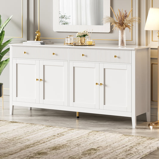 Gigab2b original image - Stilvoller weißer Esszimmer Sideboard mit 2 Schubladen und 4 Türen – Elegantes Buffet für Küche, Esszimmer & Wohnzimmer mit goldenen Griffen und großzügigem Stauraum