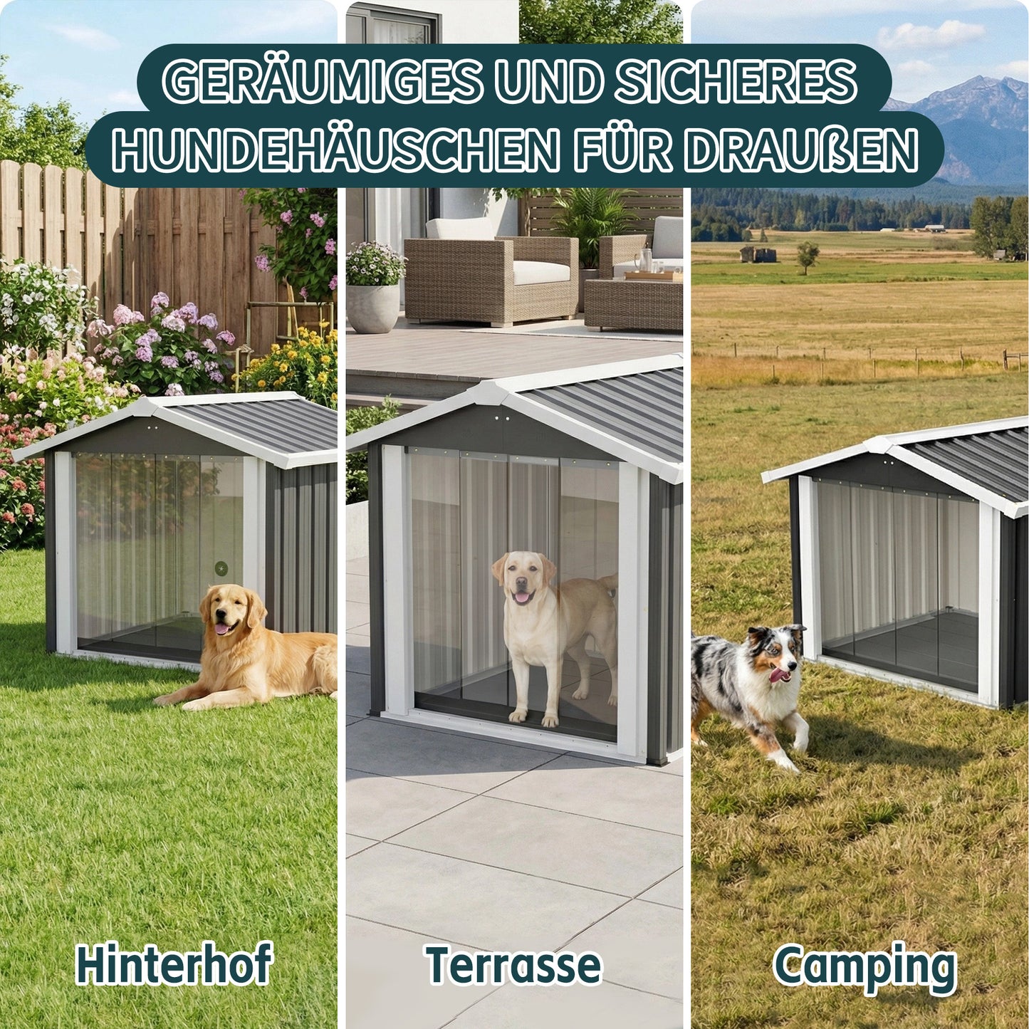 102x91x84cm Outdoor Dog House, Large Waterproof Pet House with Slanted Roof for Drainage, UV Protection & Ventilation, Weather Resistant Plastic Dog Kennel for Backyard Patio Camping – Grey