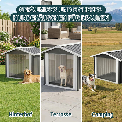 102x91x84cm Outdoor Dog House, Large Waterproof Pet House with Slanted Roof for Drainage, UV Protection & Ventilation, Weather Resistant Plastic Dog Kennel for Backyard Patio Camping – Grey