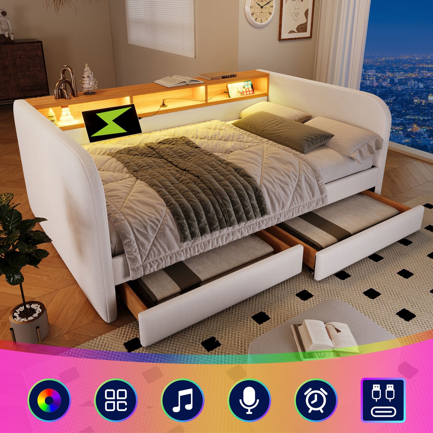 (=AB20754142B)Polsterbett Tagesbett 140x190 cm, Schlafsofa mit LED und USB-C Ladefunktion, Daybett mit 2 Schubladen und Stauraum-Kopfteil, Leinen, Hellbeige (Ohne Matratze)