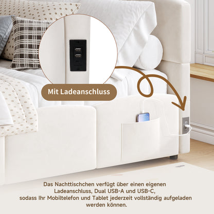 Polsterbett,Kinderbett, Daybett, Stauraumbett, Schlafsofa 140x190 cm, mit Lattenrost, USB-Ladegerät, Stautasche, Jugendbett und Erwachsenen-Kinderbett,Samt, beige (ohne Matratze)
