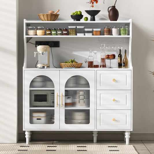 Gigab2b original image - Hochschrank mit Steckdosen und Schubladen, Barschrank mit Weinglashaltern und Stauraum, Küchen-Buffetschrank mit verstellbaren Schichtböden, Ideal für Küche und Esszimmer  (Weiß)