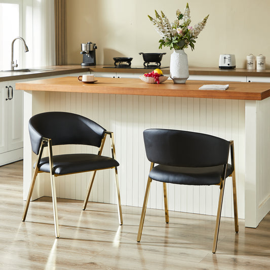 2er Set Esszimmerstühle in Schwarz PU-Leder, Luxuriöser Gold Metallrahmen, Moderner Minimalistischer Stuhl mit Rückenlehne, Geeignet für Esszimmer & Wohnzimmer