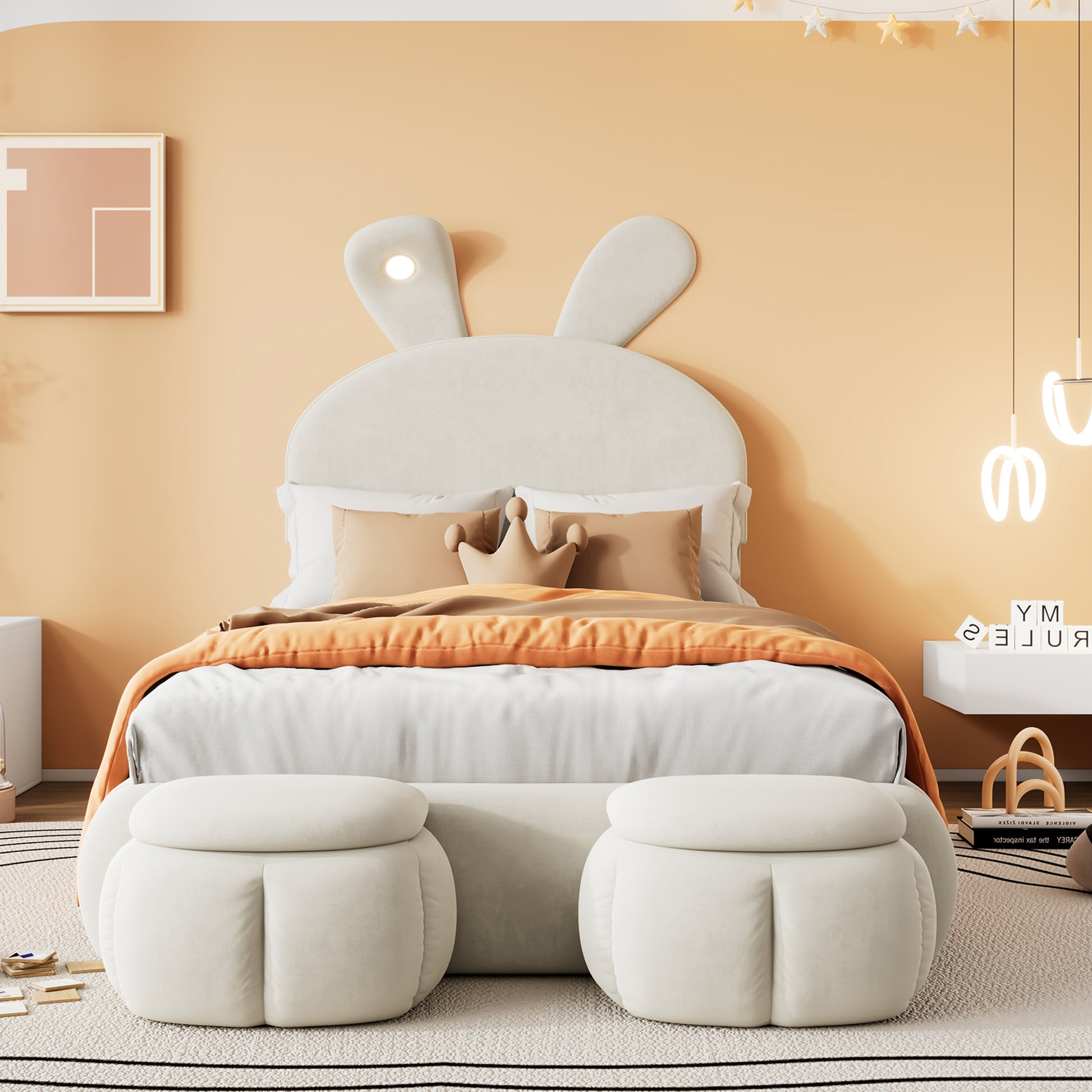 Gigab2b original image - [53068586WAA]Polsterbett, Einzelbett, Hasenohren mit einstellbarer Helligkeit warmfarbenen Lichtstreifen, mit zwei Aufbewahrungshockern, Kinderbett mit Holzlatten, Samt, Beige, 90x200cm