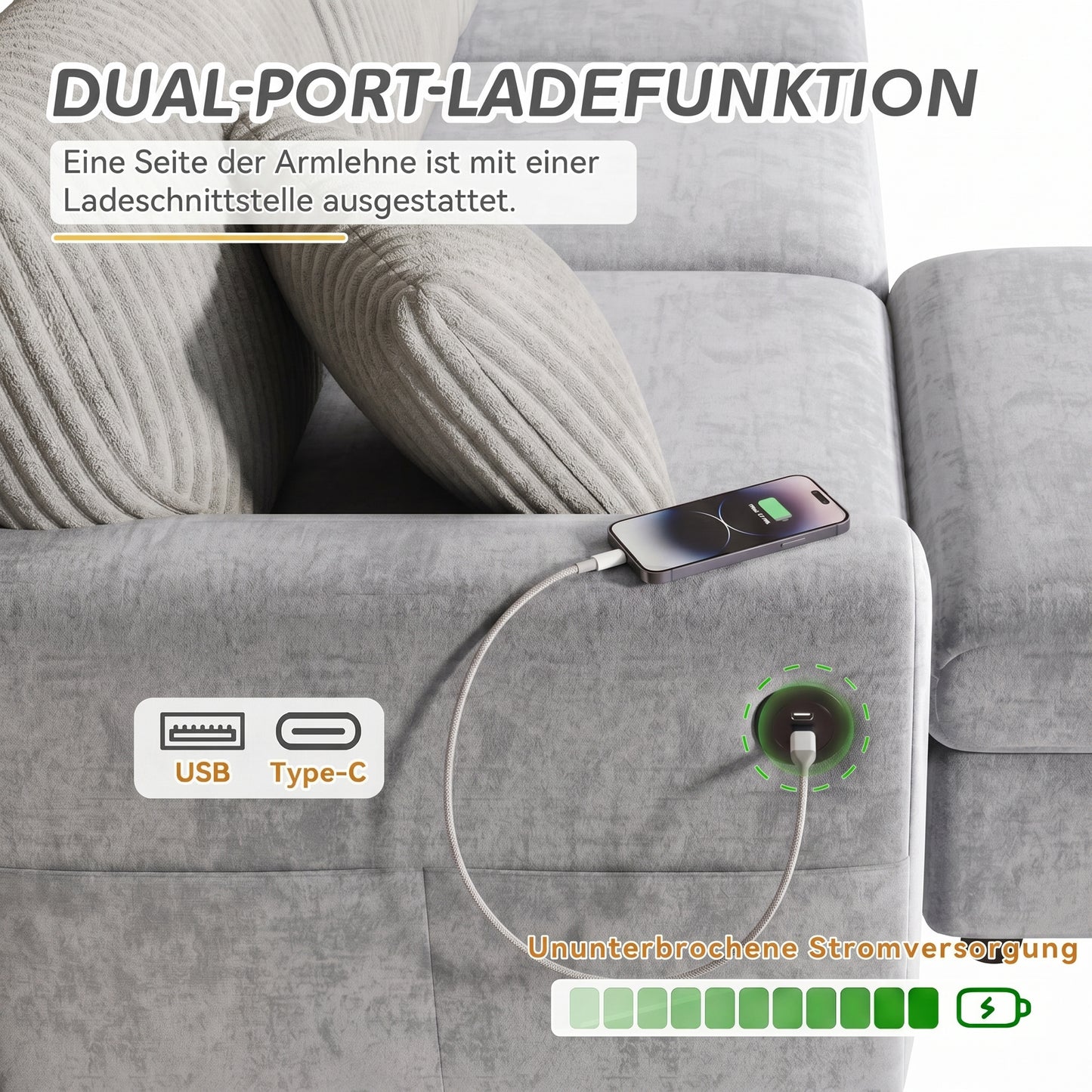 Modernes Sofa mit 1 Fußhocker, 2 quadratischen Kissen, 1 USB-Anschluss und 1 Type-C-Anschluss, Grau (Maße: B223 × H84 × T146 cm)