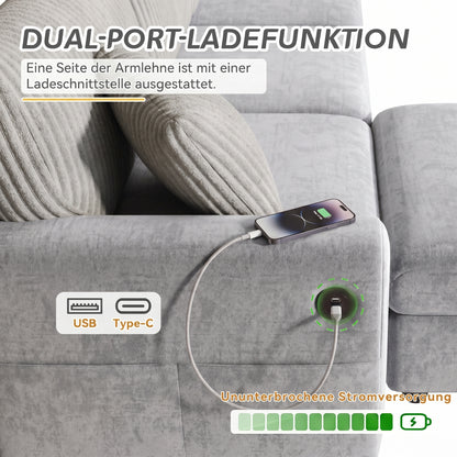 Modernes Sofa mit 1 Fußhocker, 2 quadratischen Kissen, 1 USB-Anschluss und 1 Type-C-Anschluss, Grau (Maße: B223 × H84 × T146 cm)