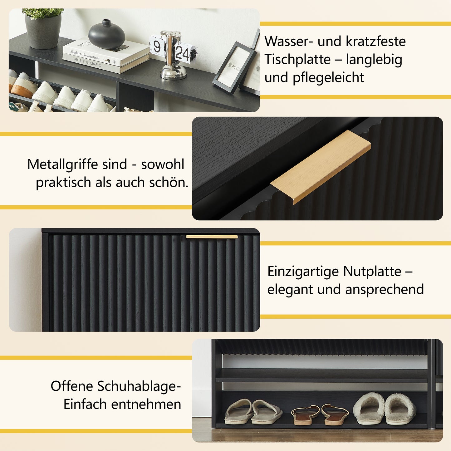 120 x 24 cm Schuhschrank mit Nutfront – Höhenverstellbar mit Kippschutz und Dekotisch für den Flur, in Schwarz