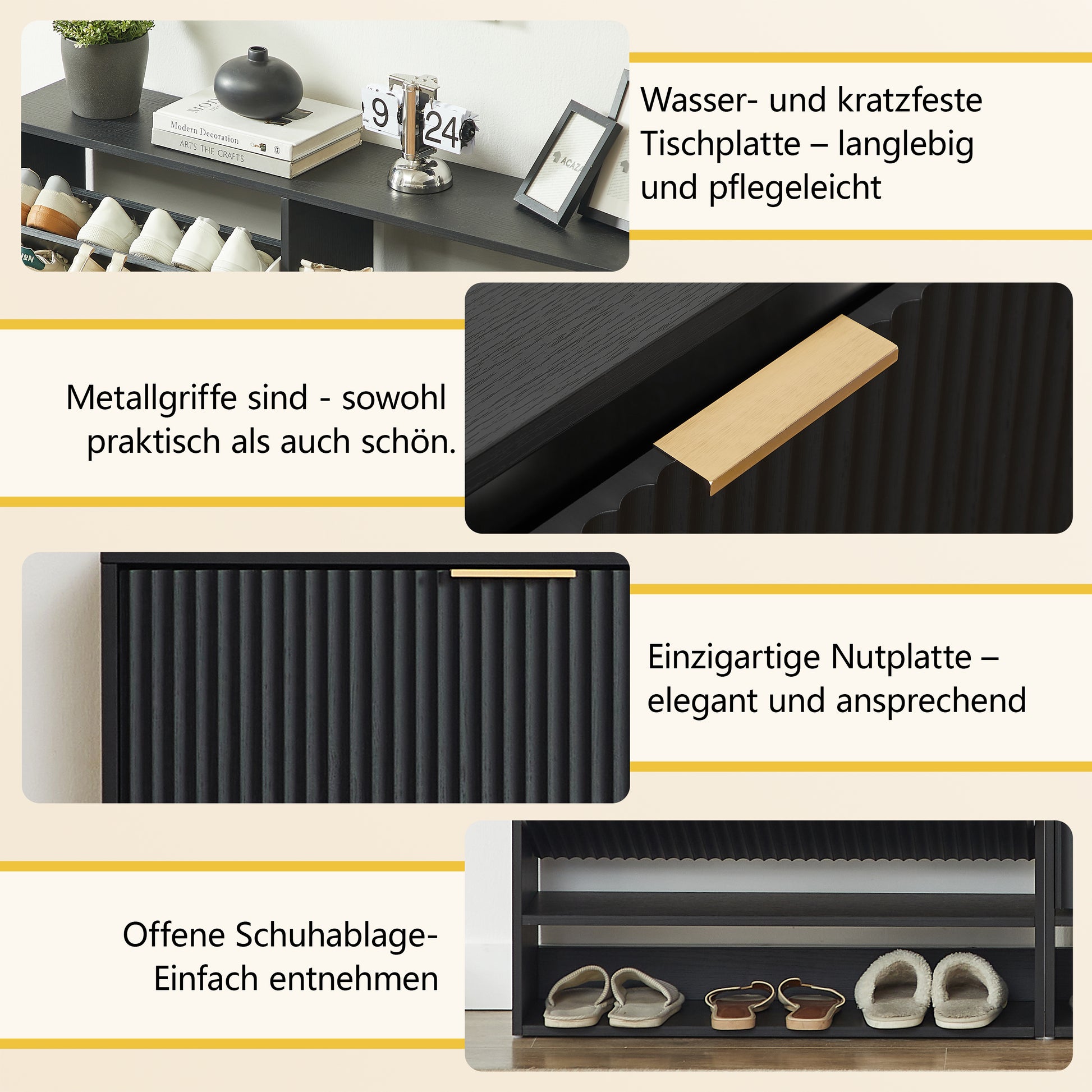 120 x 24 cm Schuhschrank mit Nutfront – Höhenverstellbar mit Kippschutz und Dekotisch für den Flur, in Schwarz