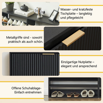 120 x 24 cm Schuhschrank mit Nutfront – Höhenverstellbar mit Kippschutz und Dekotisch für den Flur, in Schwarz