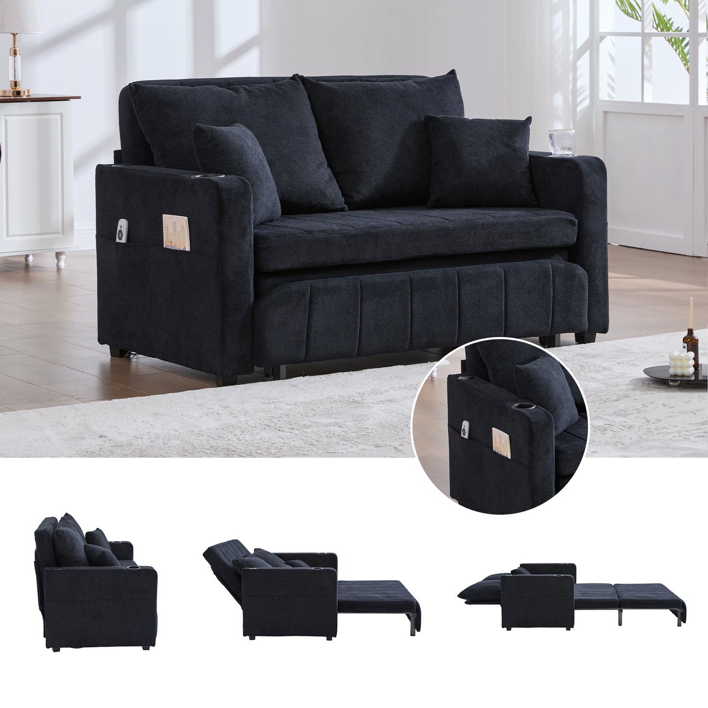 Gigab2b original image - Multifunktionales Stoffsofa, ausziehbares Klappsofa, als Sofa oder Bett nutzbar, mit Aufbewahrungstaschen an den Armlehnen, USB-Ladefunktion und Getränkehaltern (schwarzes Chenille)