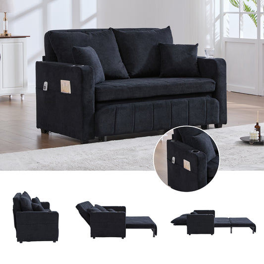 Gigab2b original image - Multifunktionales Stoffsofa, ausziehbares Klappsofa, als Sofa oder Bett nutzbar, mit Aufbewahrungstaschen an den Armlehnen, USB-Ladefunktion und Getränkehaltern (schwarzes Chenille)