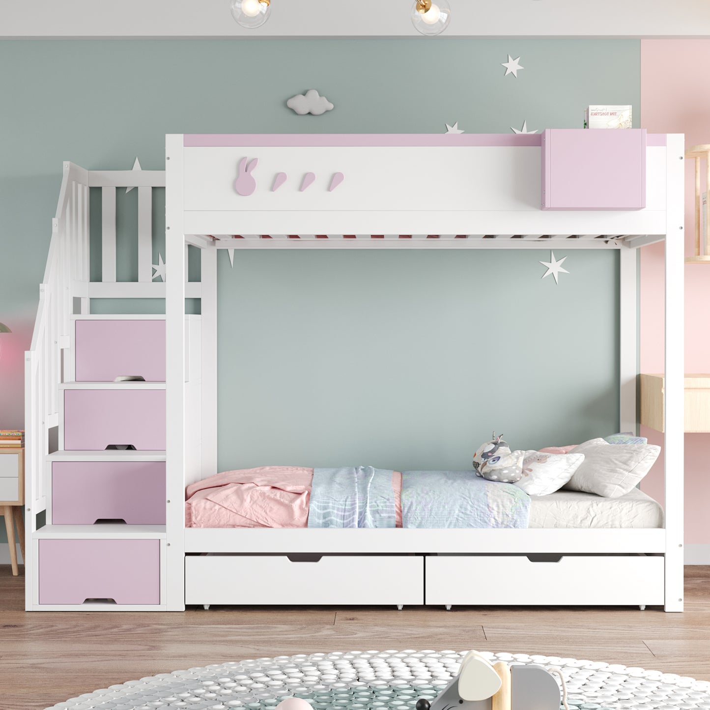Gigab2b original image - Etagenbett Kinderbett 90*200 cm, Mit Kaninchen- und Karottenmotiven, Abnehmbarem Ablagefach, Sicherer Aufbewahrungsleiter, Schubladen, Lattenrost, Doppelbett, Weiß + Rosa