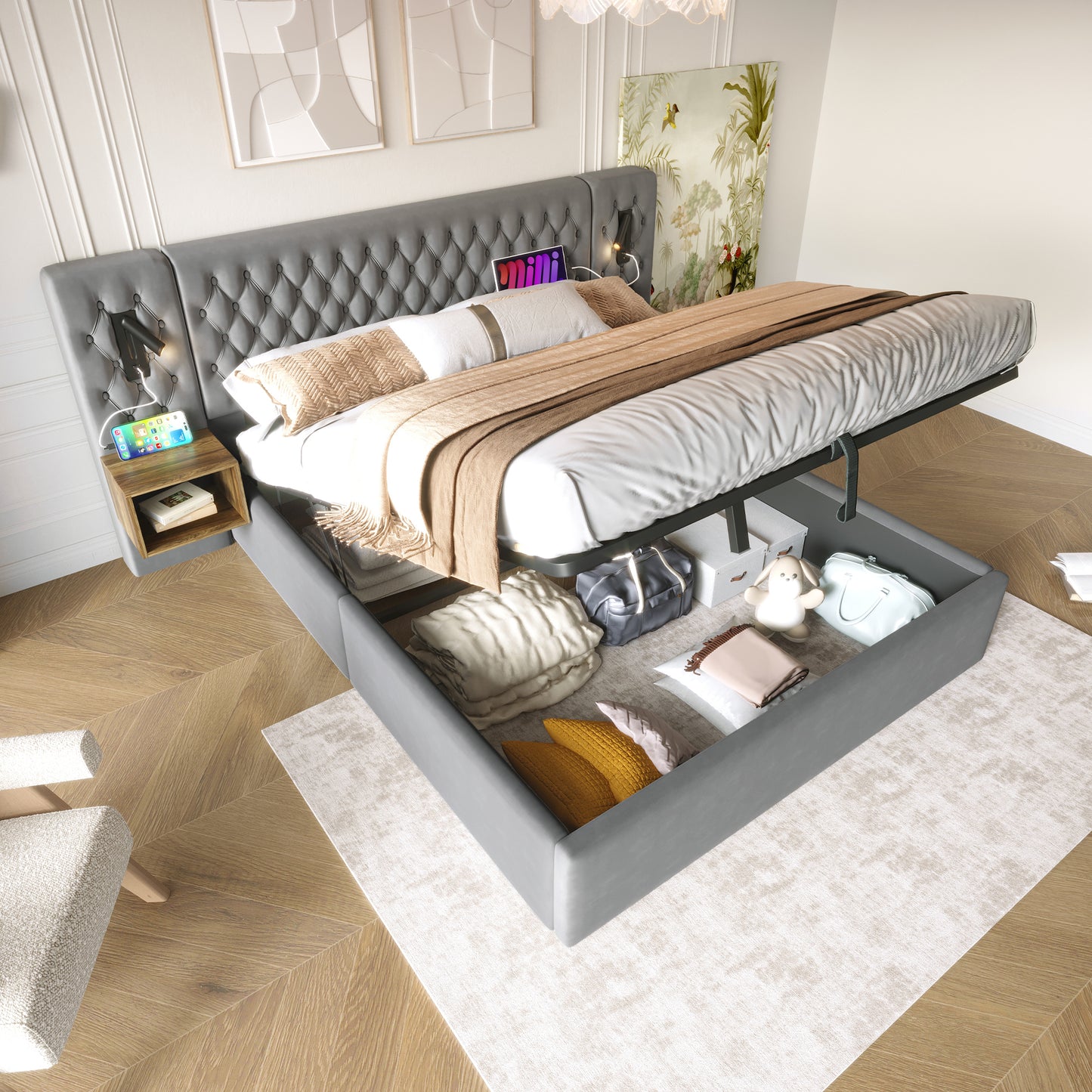 (=AB30260234G)Bettanlage Schlafzimmer Komplett Set,Polsterbett Hydraulisch Stauraumbett Doppelbett 160×200 cm mit 2 Nachttischen, Kopfteil Leselicht mit USB Ladefunktion, Grau, Samt(Ohne Matratze)