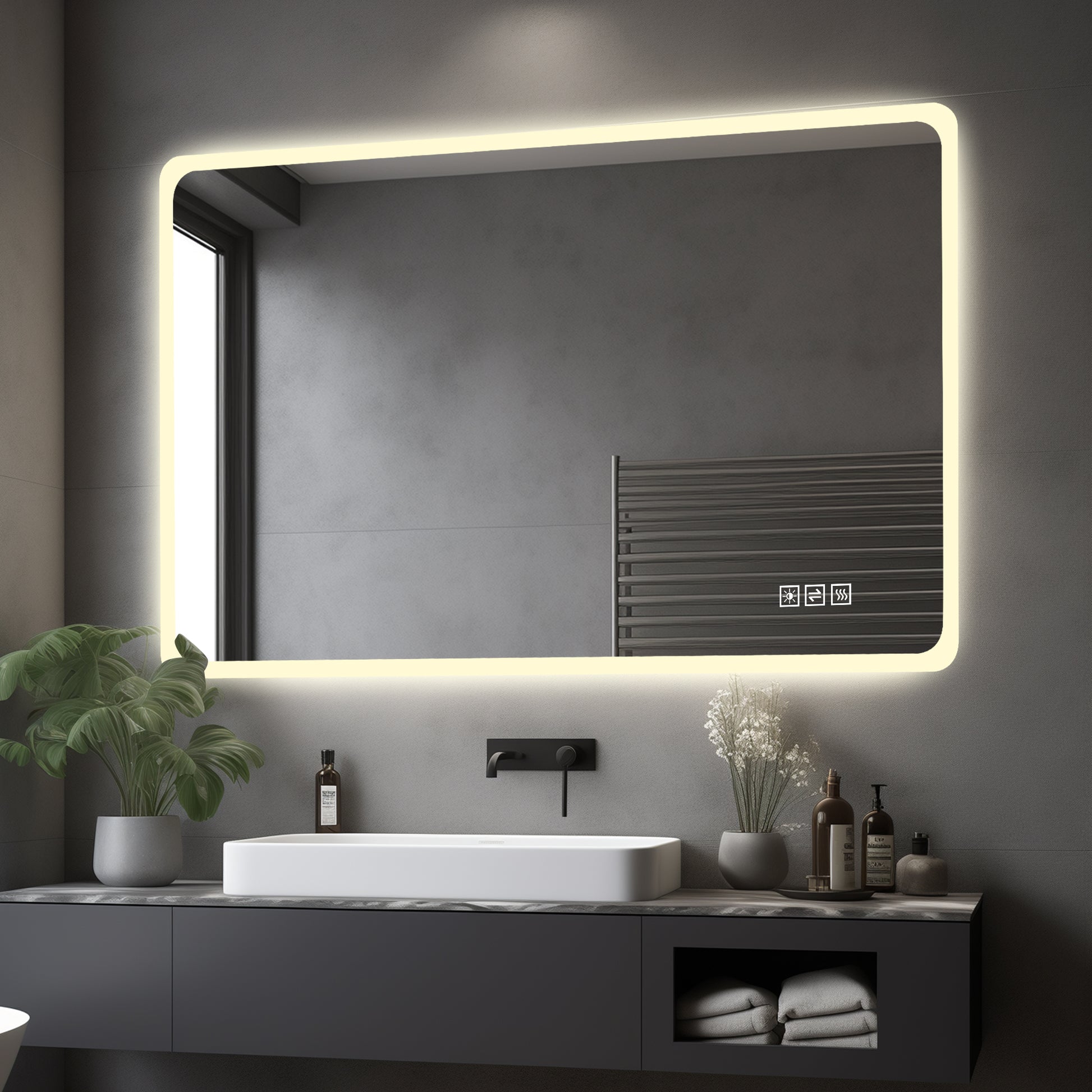 60×120cm LED Badezimmerspiegel mit Milchglasrand, Frontbeleuchtung, Anti-Beschlag, 3 Lichtfarben, Stufenlos Dimmbar, Memory-Funktion, Horizontal & Vertikal Montierbar, IP44 Wasserdicht