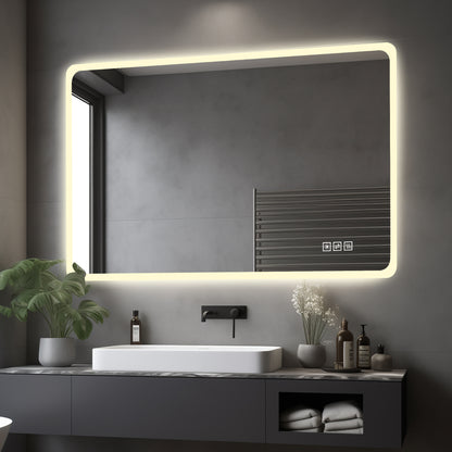 60×120cm LED Badezimmerspiegel mit Milchglasrand, Frontbeleuchtung, Anti-Beschlag, 3 Lichtfarben, Stufenlos Dimmbar, Memory-Funktion, Horizontal & Vertikal Montierbar, IP44 Wasserdicht