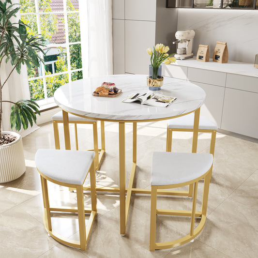 Gigab2b original image - Esszimmertisch-Set mit vier Stühlen,Essgruppe mit MDF-Tischplatte und vergoldeten Eisenrahmen,Samtstuhl,Moderne Luxustische und-stühle,Weiß