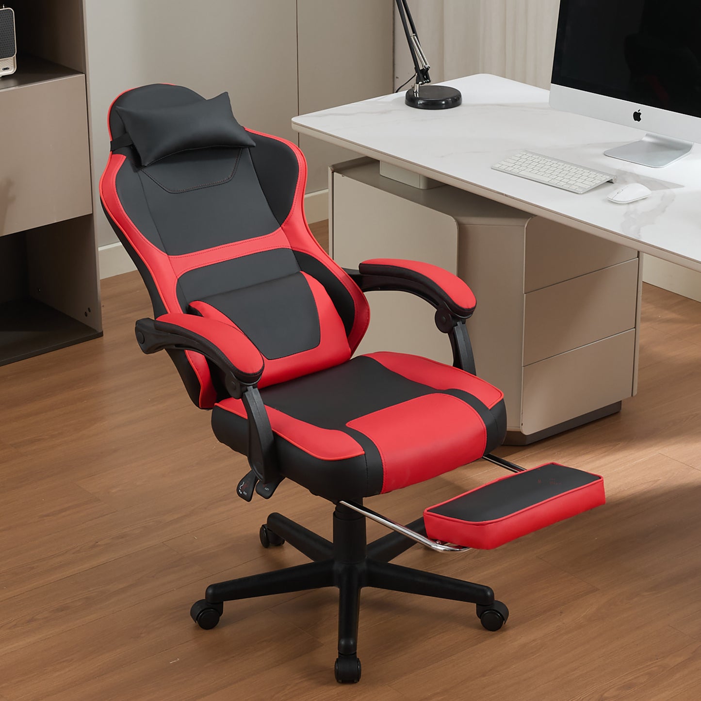 Ergonomic Gaming Chair in Black and Red with Footrest