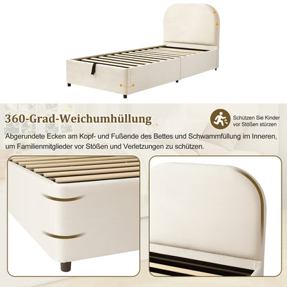 Polsterbett,Einzelbett, Kinderbett 90 x 190cm, hydraulisches Funktionsbett, Bett mit Lattenrost, Kopfteil und großem Stauraum, gepolstertes Kopfteil, Samt, beige