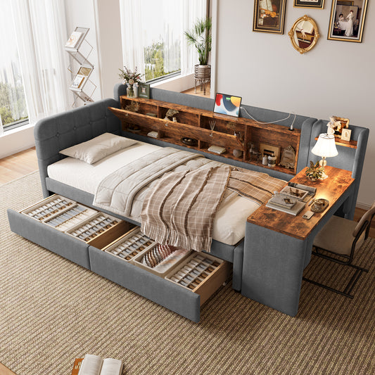 Daybett, 90*200cm, Tagesbett, Schlafsofa, mit 2 Schubladen, Schreibtisch, USB + Typ C, Flip Top Aufbewahrungsfach, Ablagefach, Bett mit Lattenrost (ohne Matratze),  Leinen, grau