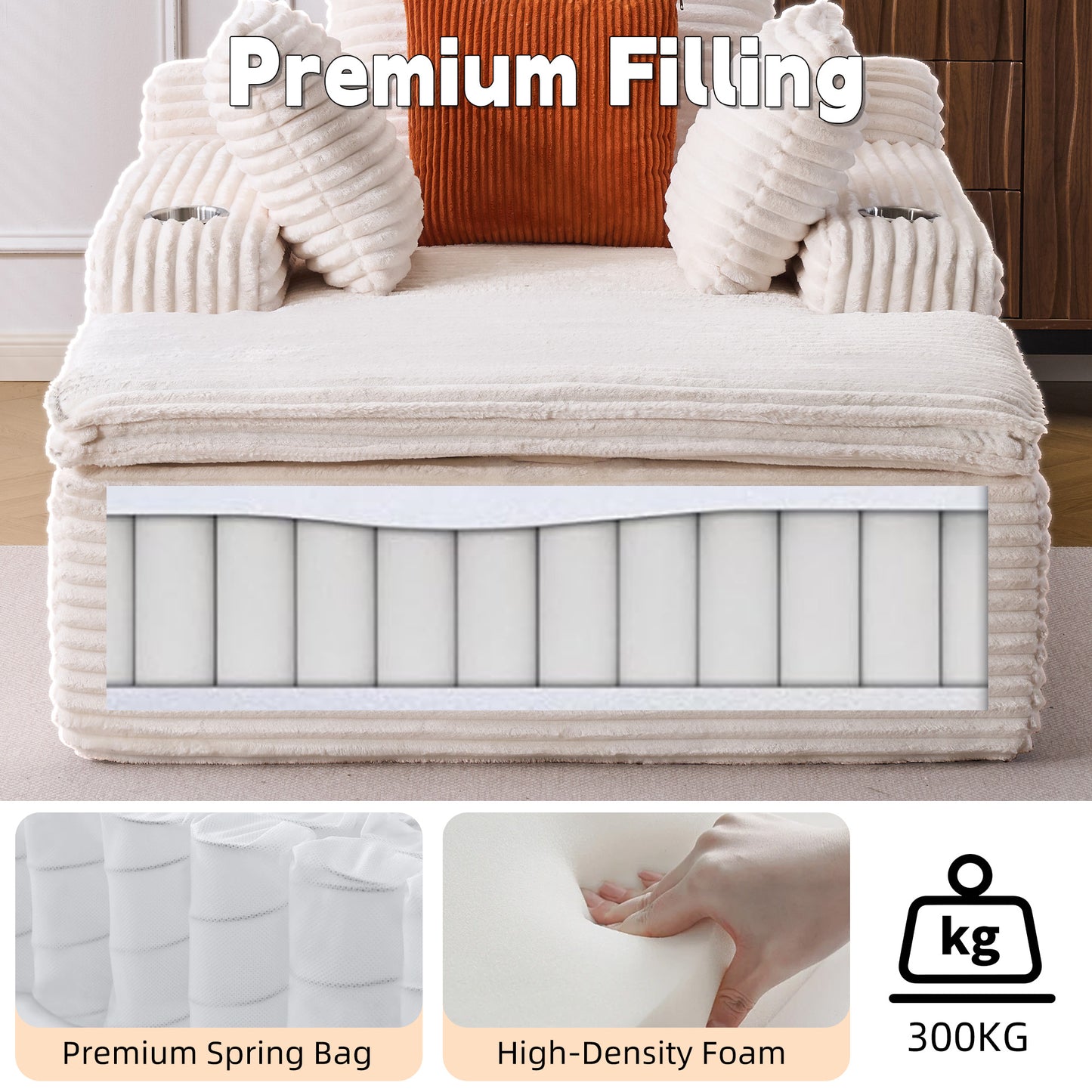 Sleeping sofa boneless floor sofa modern cloud sofa with chaise lounge, comfortable couch for living room with 3 cushions & 1 blanket, no assembly required, beige