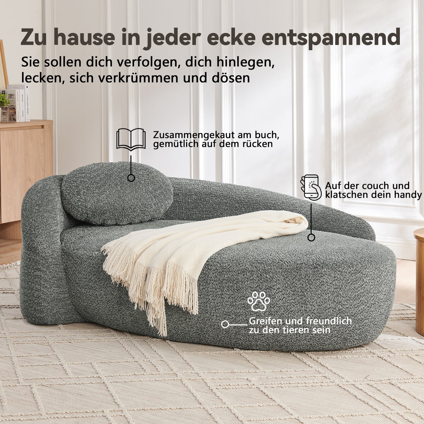 Minimalistisches Teddyfleece-Sofa mit abgerundetem Design, weich gepolsterte Couch mit Kissen, vielseitig einsetzbar für Wohnzimmer, Schlafzimmer und Studio,Gray