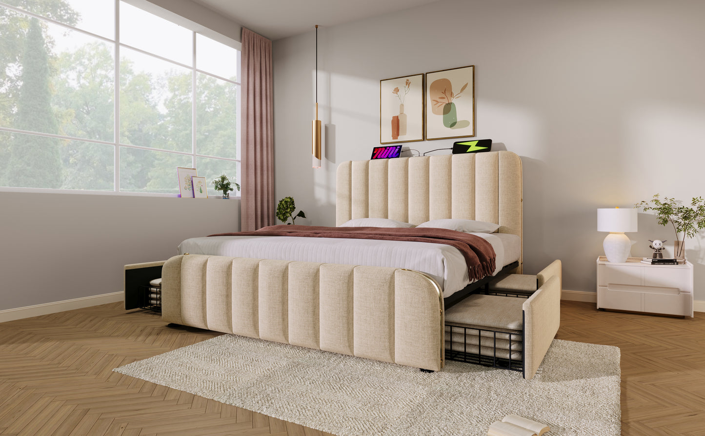 Polsterbett Doppeltes, gepolstertes Kopfteil mit goldenen Zierstreifen und ,USB Typ-C Ladefunktion 140*190 cm, Beige Leinen-Material mit 4 Schubladen ,Belastbarkeit 181 kg (Ohne Matratze)