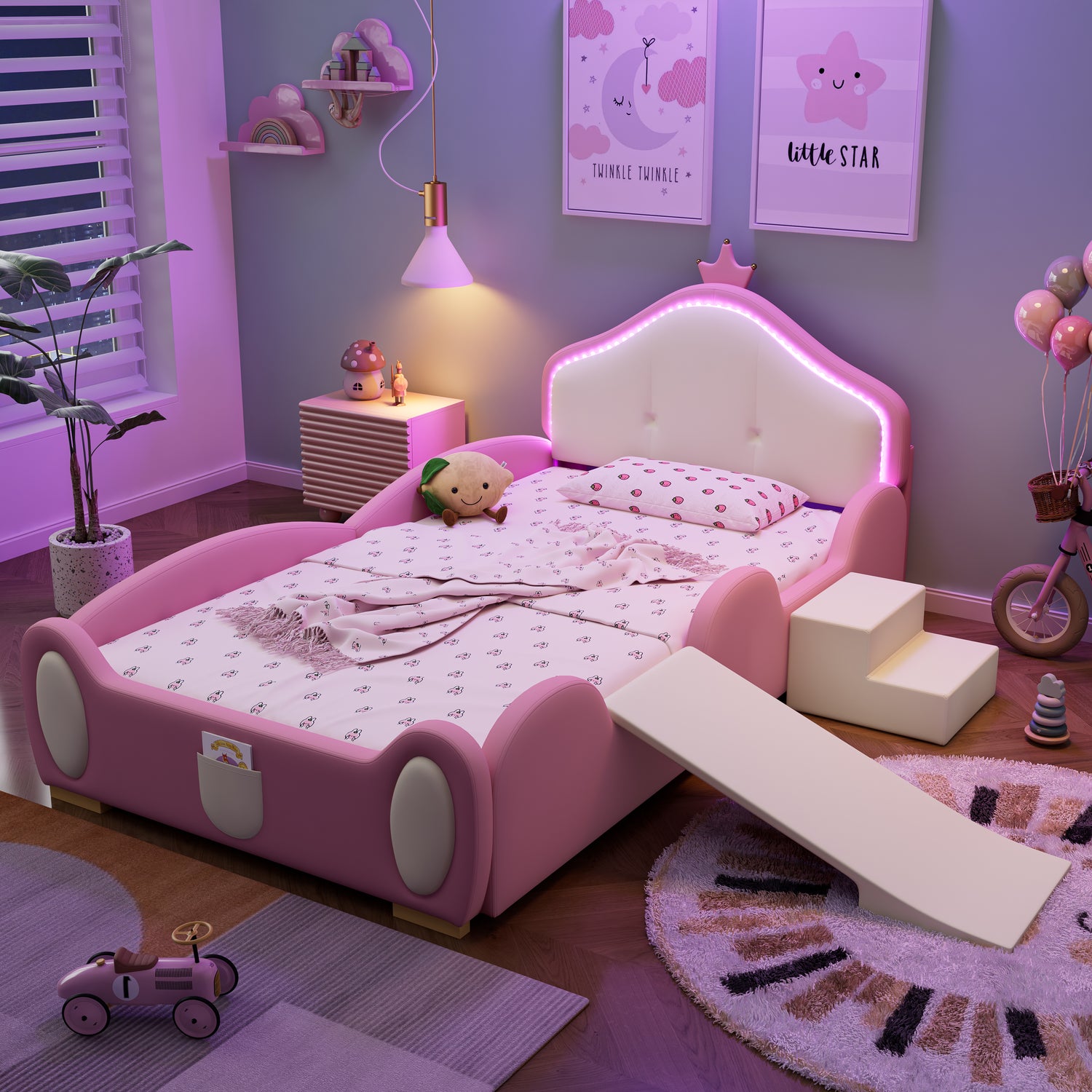 Gigab2b original image - [31545758RAA]Polsterbett, Crown Cartoon Bett, Mit Multi-Mode-LED-Streifen, Kinderbett mit kleiner Rutsche und Treppe, mit schützenden weichen Kanten, mit Holzlatten, PU, Rosa + Beige, 90x200cm